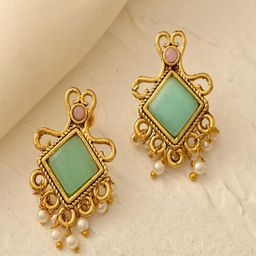 STYYO Silver-Plated Artificial Stones and Beads Square Shaped Drop Earrings-20