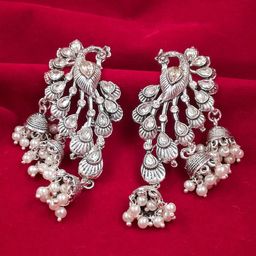 Saizen Rhodium-Plated Artificial Stones Studded & Pearls Beaded Peacock Shaped Jhumkas-image-27