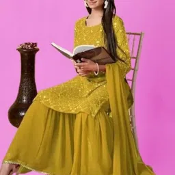 PARROT CREATION Geometric Embroidered Thread Work Kurta With Sharara And Dupatta image 2