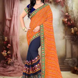 KAVINDI Bandhani Beads and Stones Pure Georgette Half and Half Bandhani Saree-picture-14
