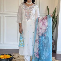 Divyadham Textiles Women Ethnic Motifs Embroidered Regular Thread Work Chanderi Silk Kurta with Pyjamas &-picture-58