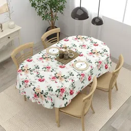Clasiko Off White & Pink Floral Printed Anti-Skid Cotton 4-Seater Table Cover-6