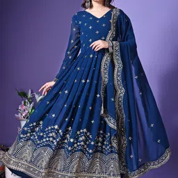 Wedani Floral Embroidered Sequined Georgette Maxi Fit and Flare Ethnic Dress With Dupatta-picture-19