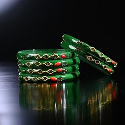 1ST TIME Set Of 12 Green Alloy Artificial Stones & Beads Antique Bangles-picture-6