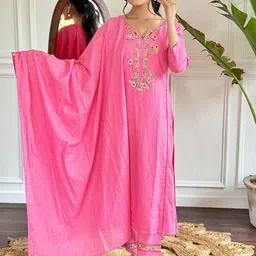 Moda Rapido Women Floral Embroidered V-Neck Straight Kurta with Trousers & Dupatta-image-24