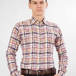 DESIGN UP Men New Slim Fit Spread Collar Tartan Checked Formal Shirt-image-20
