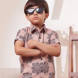Stuffie Land Boys Classic Fit Geometric Printed Spread Collar Cotton Casual Shirt-98