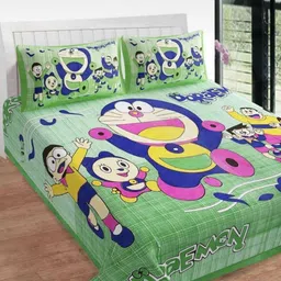Aura Green & Blue Cartoon Characters Pure Cotton 144 TC Queen Bedsheet Set 2.1m x 2.3m-image-90