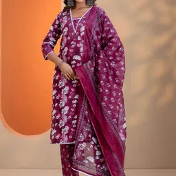 OZIA Women Floral Printed Cotton Kurta with Trousers & Dupatta-picture-29