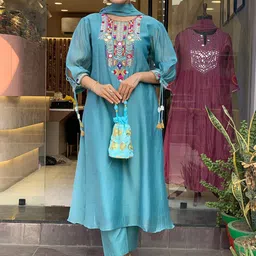 KALINI Women Embroidered Regular Mirror Work Chanderi Silk Kurta with Trousers & With Dupatta-15