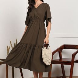 Fashfun Solid Bell Sleeve Fit & Flare Midi Tiered Dress-image-90