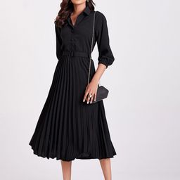 Femvy Women Solid Puff Sleeves Fit & Flare Knee Length Dress-image-98