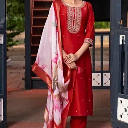 HETVI CREATION Floral Zari Embroidered Sequinned Straight Kurta With Trousers And Dupatta-image-87