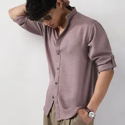 Urbano Fashion Men Purple Solid Linen Full Sleeve Relaxed Fit Mandarin Collar Casual Shirt-image-67