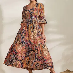 WineRed Ethnic Motifs Fit & Flare Midi Dress-image-66