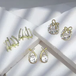 Estailo fashion Set Of 3 Stainless Steel Gold-Plated Stones Studded Contemporary Studs-image-9