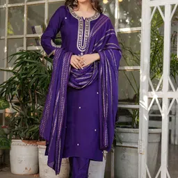 KALINI Floral Embroidered Notch Neck Zari Chanderi Straight Kurta With Trousers & Dupatta-image-94