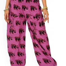 Exotic India Women Pure Cotton Yoga Trousers With Printed Elephants and Front Pockets-image-96
