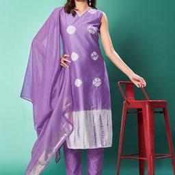 KALINI Women Bandhani Dyed Regular Aari Work Pure Silk Kurta with Trousers & With Dupatta-5