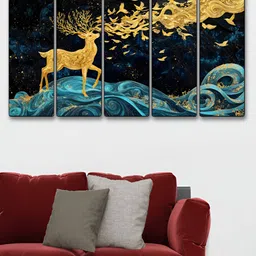 Aura Gold-Toned & Blue 5 Pieces Wooden Wall Paintings-image-78