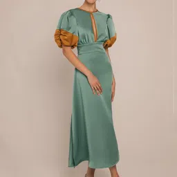 KHUSHBOO AND PANKAJ Sea Green Satin A-Line Midi Dress-image-6