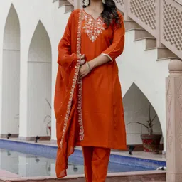 Navlik Floral Yoke Design Notch Neck Sequinned Straight Kurta With Trousers & Dupatta-picture-14