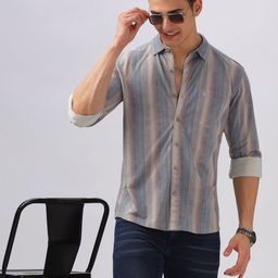 BULLMER Men Spread Collar Vertical Striped Cotton Casual Shirt-image-60