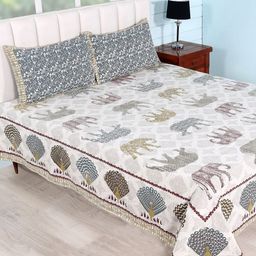 Soumya Brown & White Ethnic Motifs 260 TC Queen Bedsheet with 2 Pillow Covers-image-83