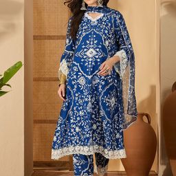 Sangria Floral Printed V-Neck Straight A-Line Kurta With Trousers And Dupatta-image-69