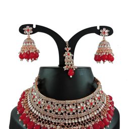 VATSALYA CREATION Pink Gold-Plated Necklace & Earring With Maang Tikka Set of 4-47