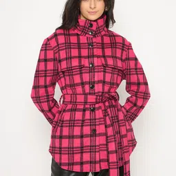 Madame Women Checked Polyester Longline Tailored Jacket-image-37
