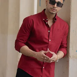 Powerlook Men Button-Down Collar Solid Cotton Casual Shirt-image-3