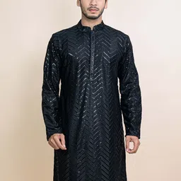 KUNDALI KAKSHAY Men Chevron Embroidered Regular Sequinned Kurta with Pyjamas image 3