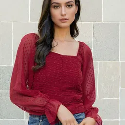 Stylecast X Slyck Self Design Pattern Square Neck Regular Sleeves Crop Top-image-9