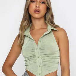 LULU & SKY Shirt Collar Shirt Style Crop Top-picture-3