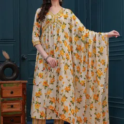 Da Vastraagaar Floral Printed Empire Pure Cotton A-Line Kurta With Trousers & Dupatta-picture-51