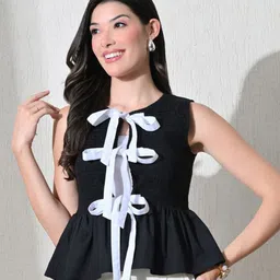 Ikonic klaer Women Tie-Ups Smocked Round Neck Cotton Peplum Top-image-18