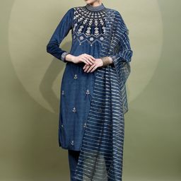 Vishudh Floral Embroidered High Neck Velvet Straight Kurta With Trousers & Dupatta-picture-13