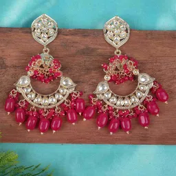 TANAIRA Gold Plated Kundan Studded & Beads Beded Contemporary Drop Earrings-image-15