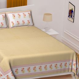 Texstylers Yellow & White Floral Printed Cotton 144 TC Queen Bedsheet with 2 Pillow Covers-image-83