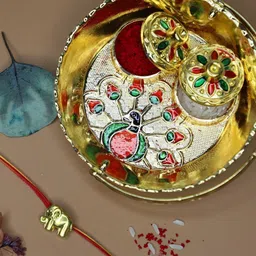 Anouk Set Of 3 Stones Studded & Beaded Rakhi Greeting Card & Pooja Thali-95