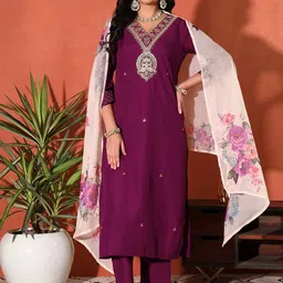 Sangria Women Embroidered Straight Kurta With Trouser & Dupatta-picture-37