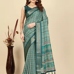 SSHAGUN LIFESTYLE Blue Self Design Checkered Printed Floral Print Woven Bhagalpuri Cotton Silk Saree-picture-2