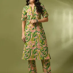 KALINI Floral Printed Beads and Stones Work Pure Cotton Kurta With Trousers-12
