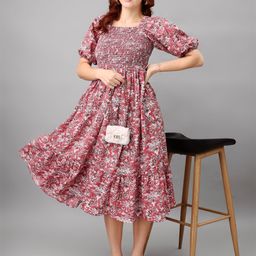 Raiyani Fashion Floral Print Puff Sleeve Applique Fit & Flare Midi Dress-picture-43