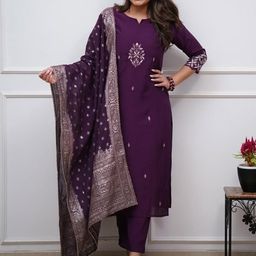 Happy Design Women Floral Embroidered Regular Chanderi Silk Kurta & Trousers With Dupatta-image-6