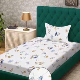 KLOTTHE White & Blue Printed 300 TC Single Bedsheet With 1 Pillow Cover - 2.25 x 1.50 m-image-78