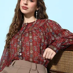 EVERYDAY by ANI Print Mandarin Collar Ethnic Chiffon Top-image-84