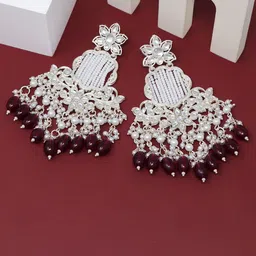 BELWICK Silver-Plated Kundan Studded And Pearls Beaded Floral Drop Earrings-15
