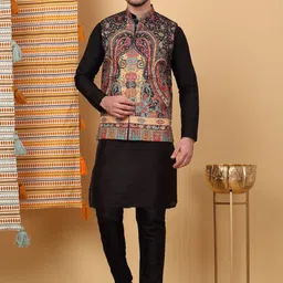 KRAFT INDIA LUXE Mandarin Collar Straight Kurta with Churidar & Printed Nehru Jacket-picture-18